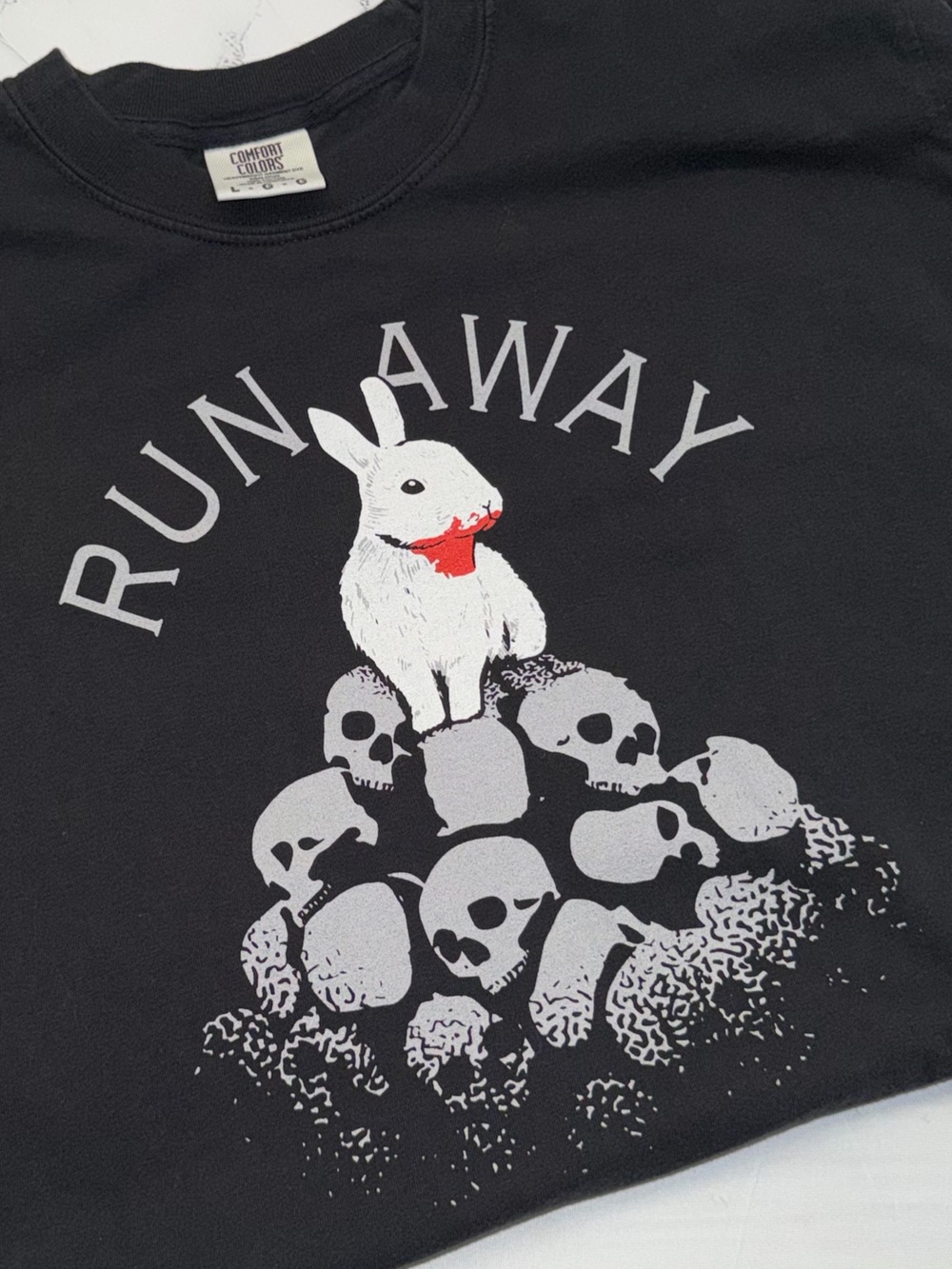 Comfort Colors Black Tee with Vorpal Bunny 🐰 “Run Away” Graphic